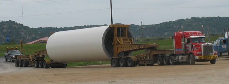 Base section of wind generator tower at truck stop in Junction, Texas